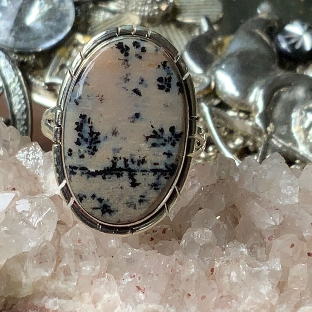 HONEY DENDRITIC OPAL 925 STERLING SILVER RING, SIZE 8